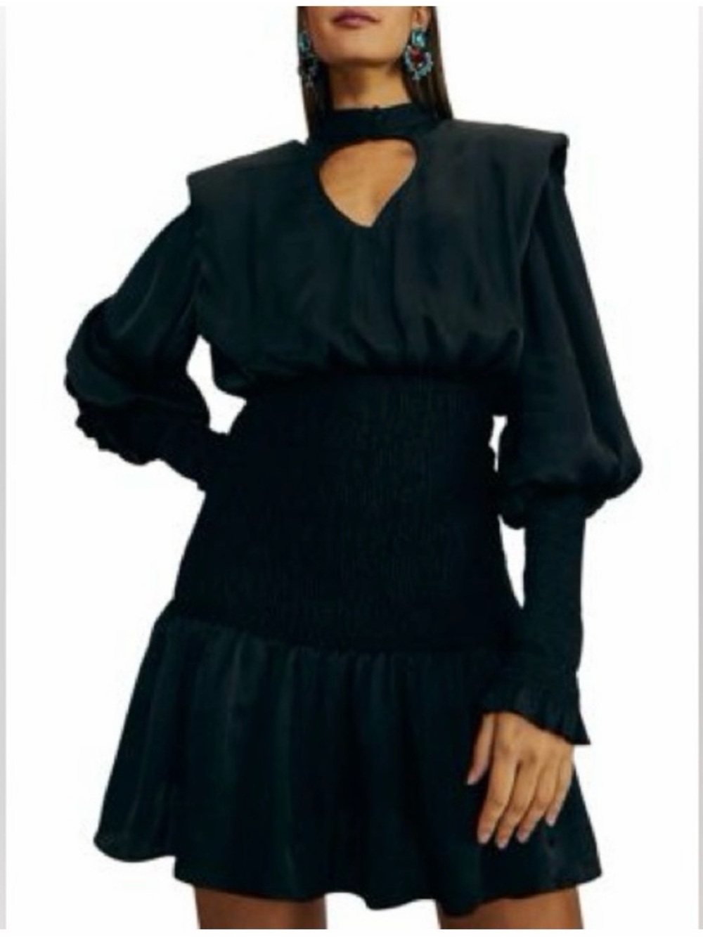 Farm Rio NWT Black Smocked Waist Long-Sleeve Mini Dress